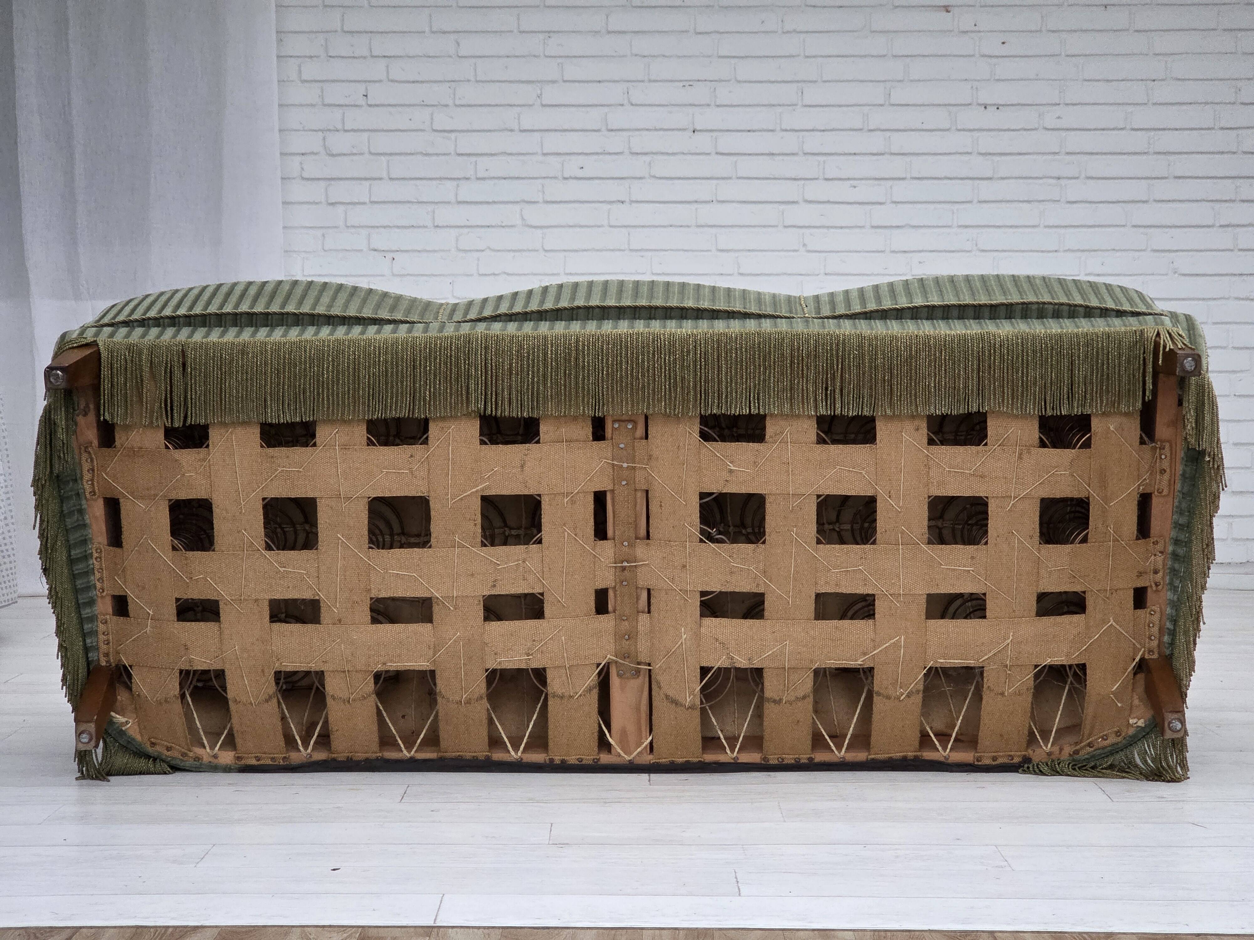 1960s, Danish 3-seater sofa, original green furniture velour, oak wood.