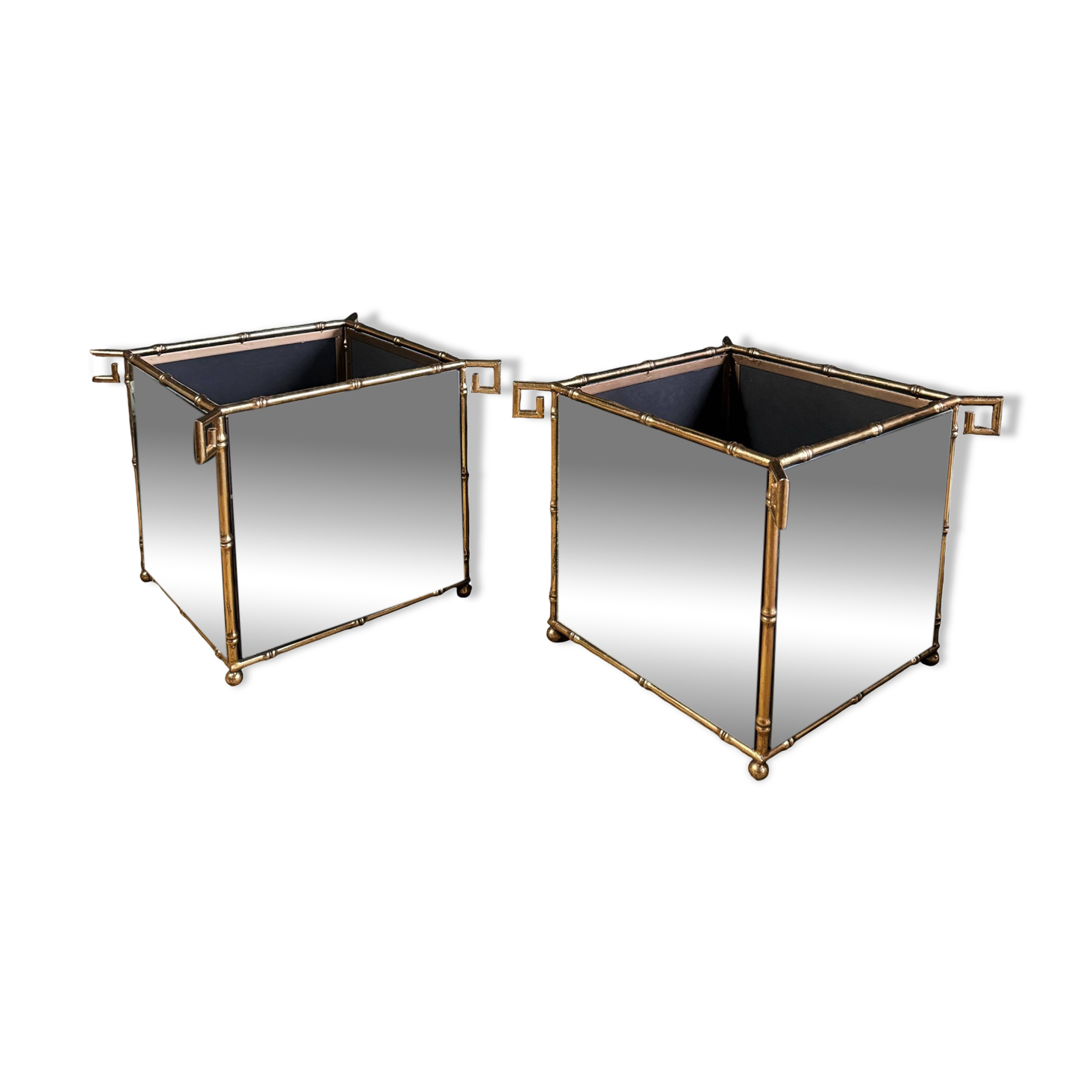 Pair of "bamboo" model planters in gold metal and glass from the 70s