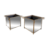 Pair of "bamboo" model planters in gold metal and glass from the 70s