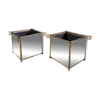 Pair of "bamboo" model planters in gold metal and glass from the 70s