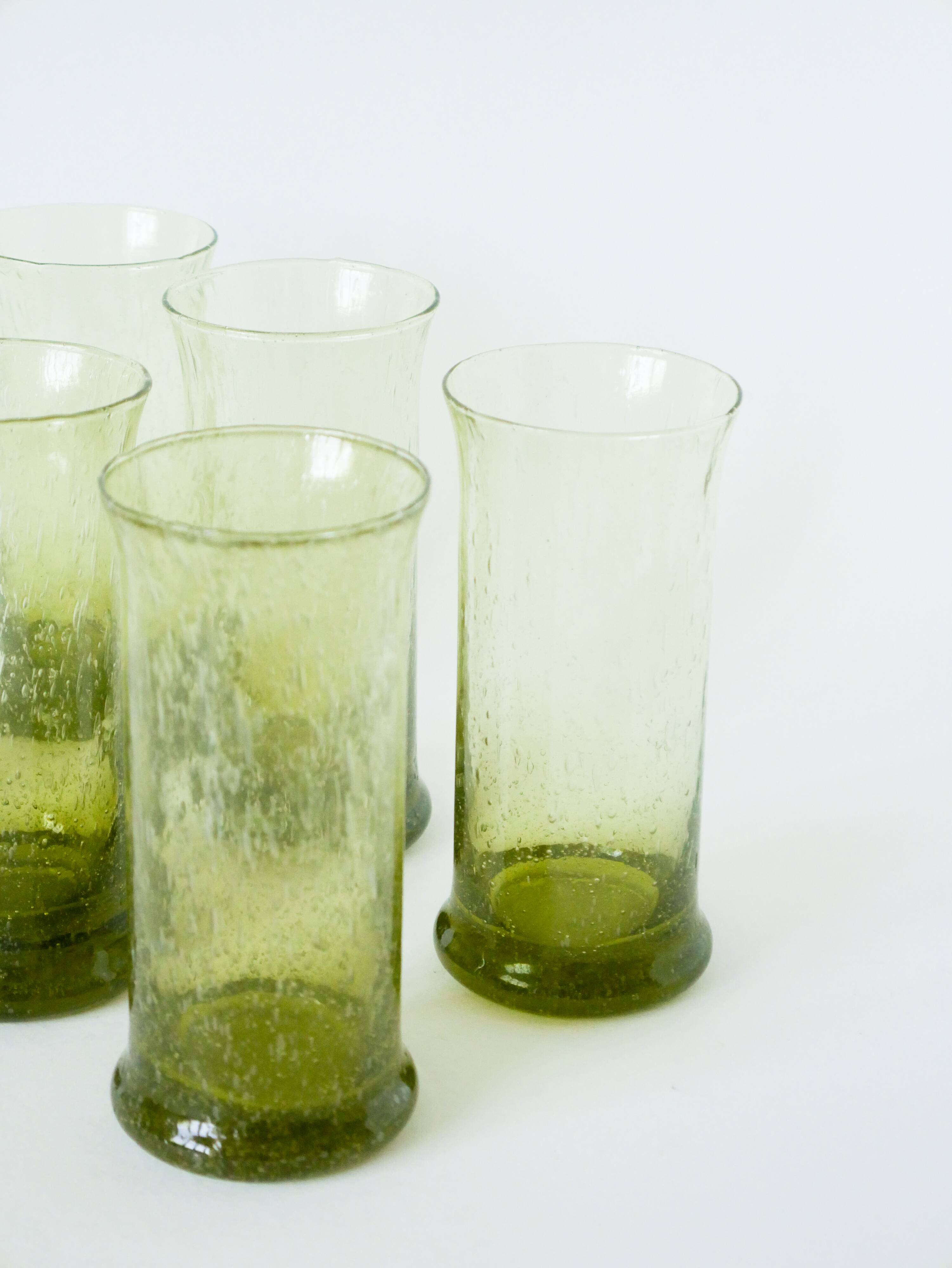 Set of 6 bubble glass long drink glasses from Biot, Green, 1960.