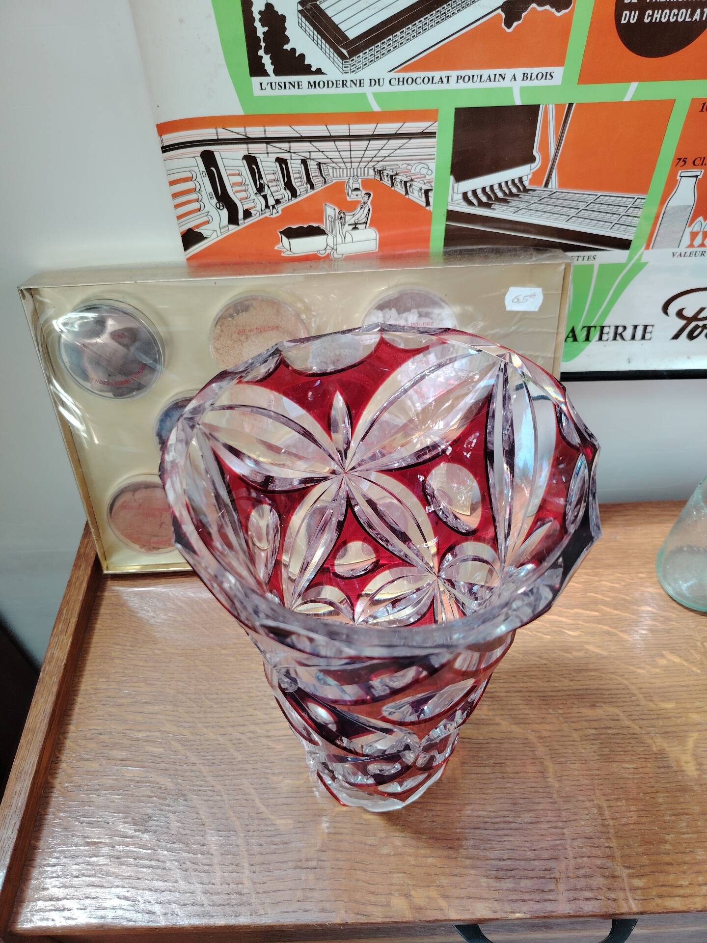 Large ruby red cut crystal vase, handmade, 1960.