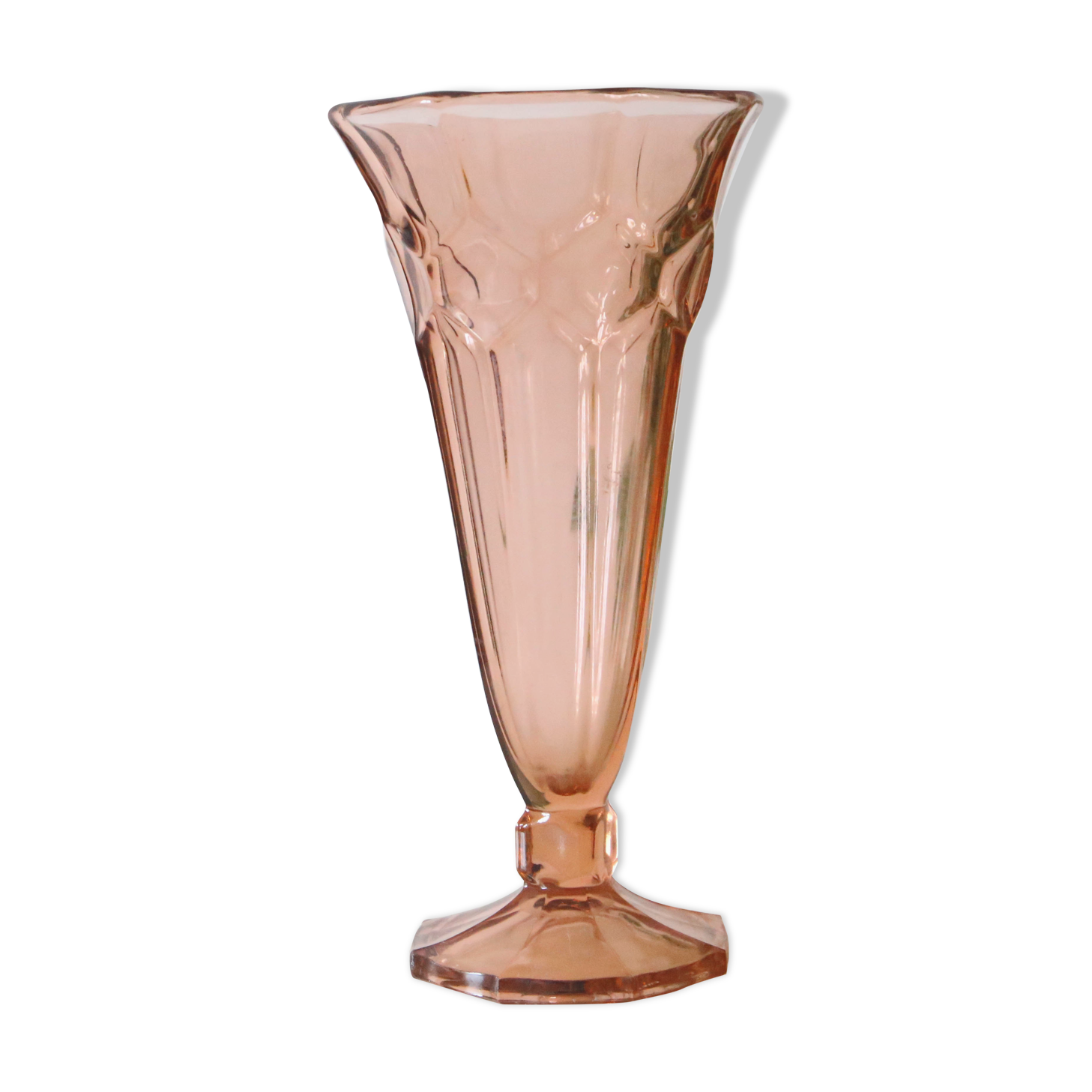 Large antique pink glass vase, molded glass, vintage French, authentic