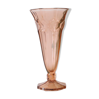 Large antique pink glass vase, molded glass, vintage French, authentic