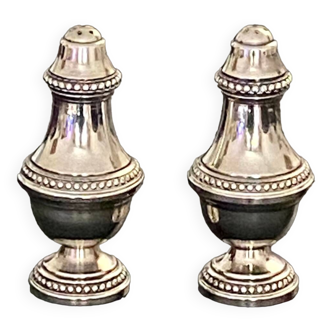 Duo of old salt and pepper shakers in silver-colored metal