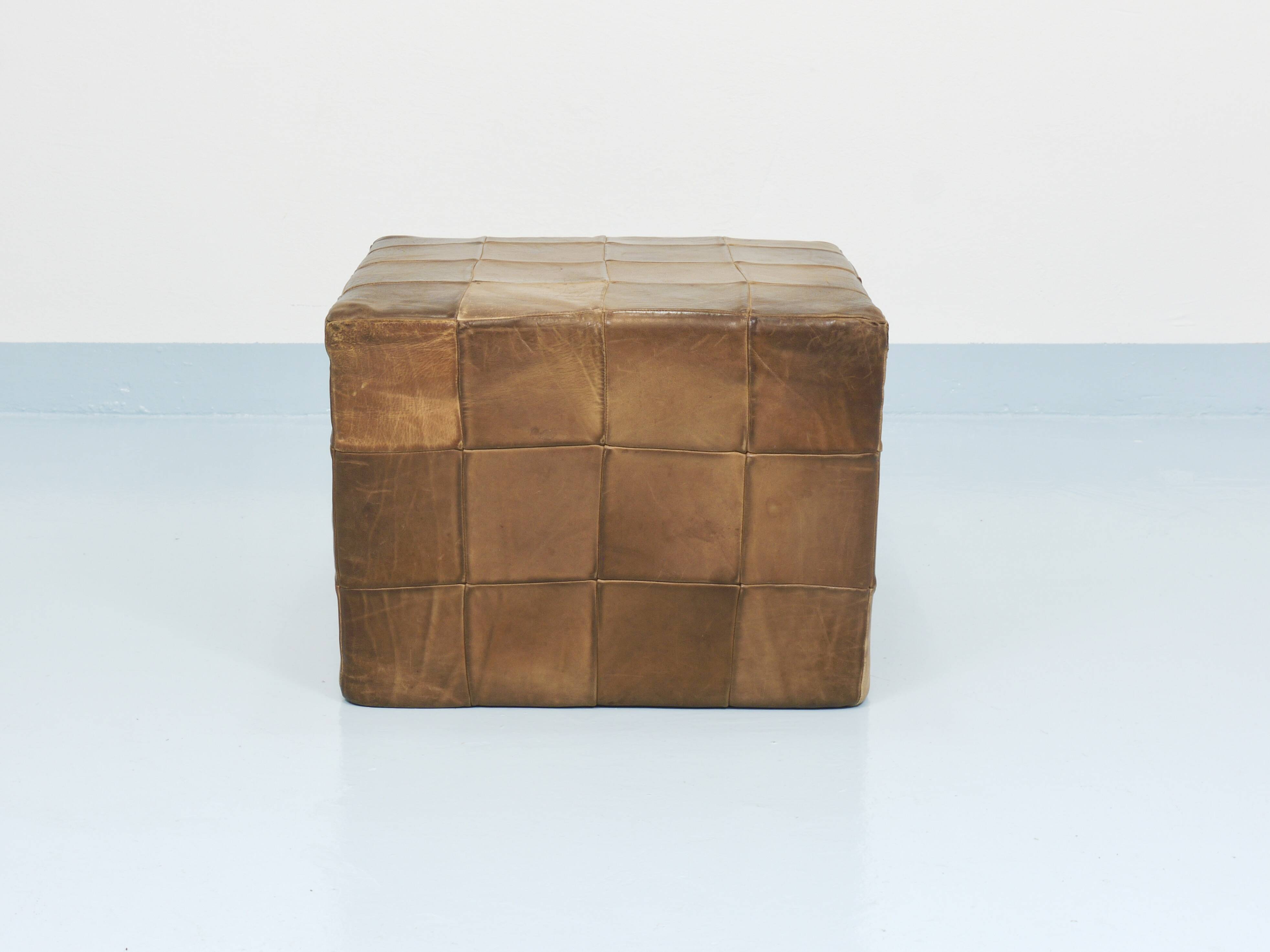 De Sede Patchwork Leather Cube Stool, Pouf, Ottoman, Switzerland, 1970s