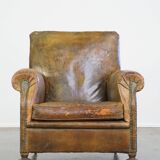 Fauteuil à roulettes anglais en cuir de vachette vert antique