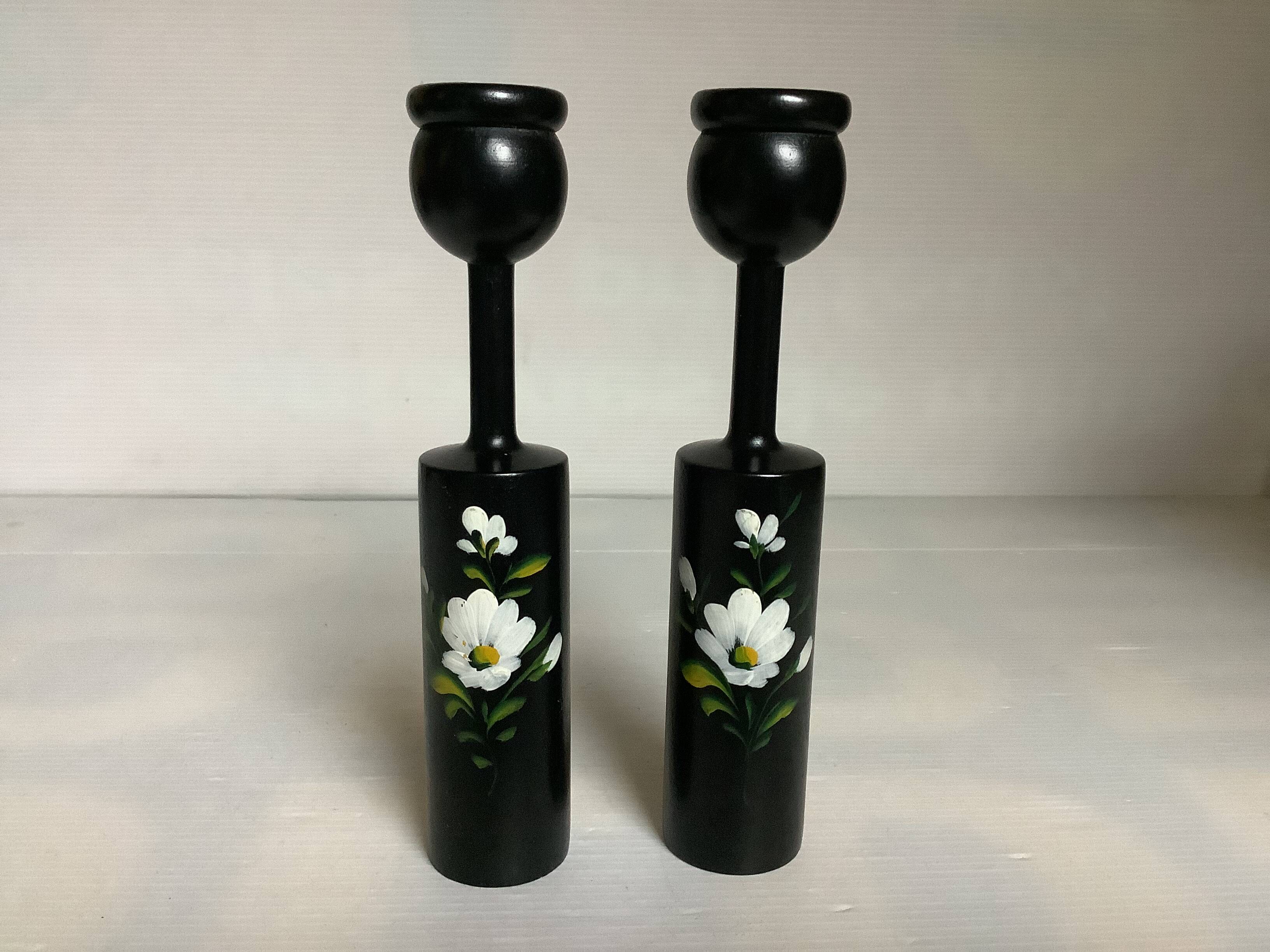 Pair of painted wooden candlesticks