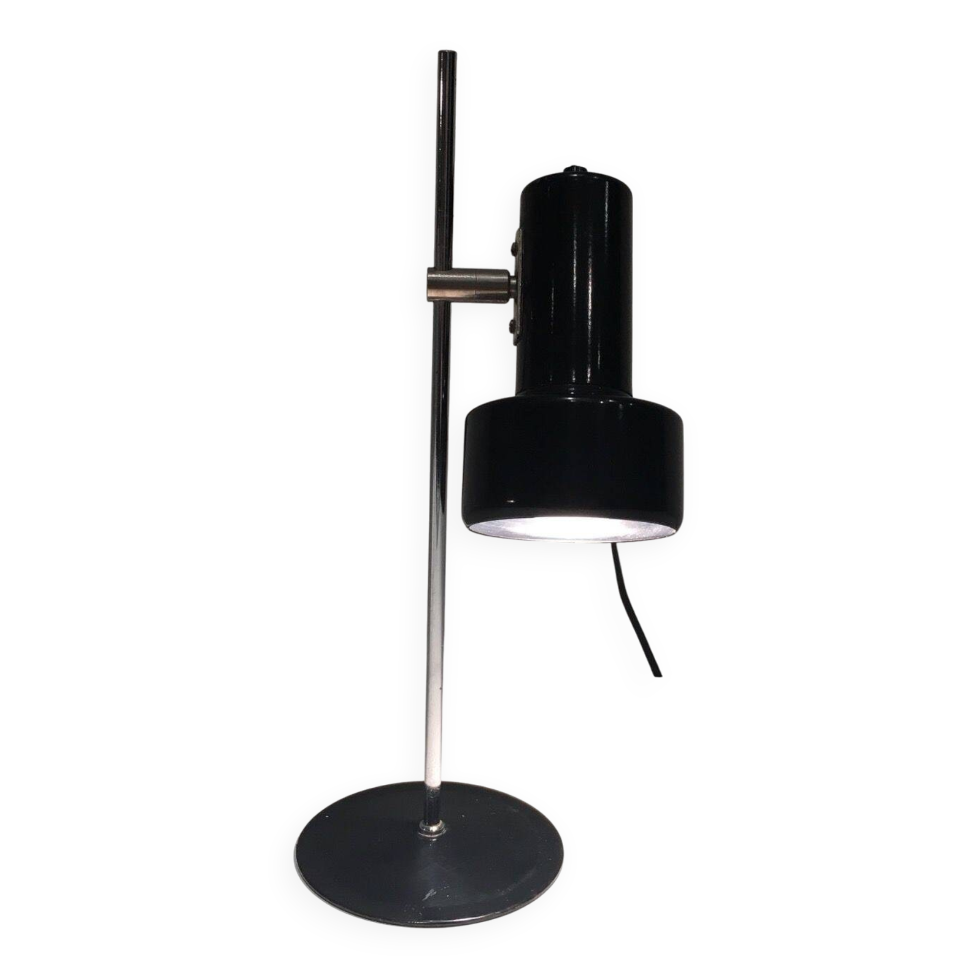Adjustable lamp in black lacquered metal and chrome. French work. Circa 1970.