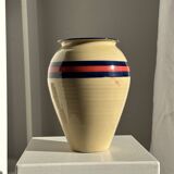 Large beige vase with blue and pink trim H27 D21
