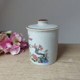 Ancienne boite à sucre en grès moucheté décor oiseau et arbre en fleurs