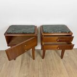 Paire de chevets ou tables d'appoint chêne et marbre vert de mer