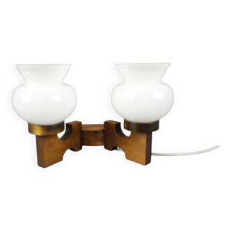 Czechoslovak wall lamp from the 1960s with Valasske Mezirici glass and a wooden base.