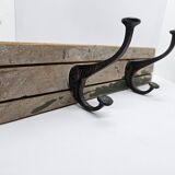 Solid teak coat hook with 2 double cast iron hooks