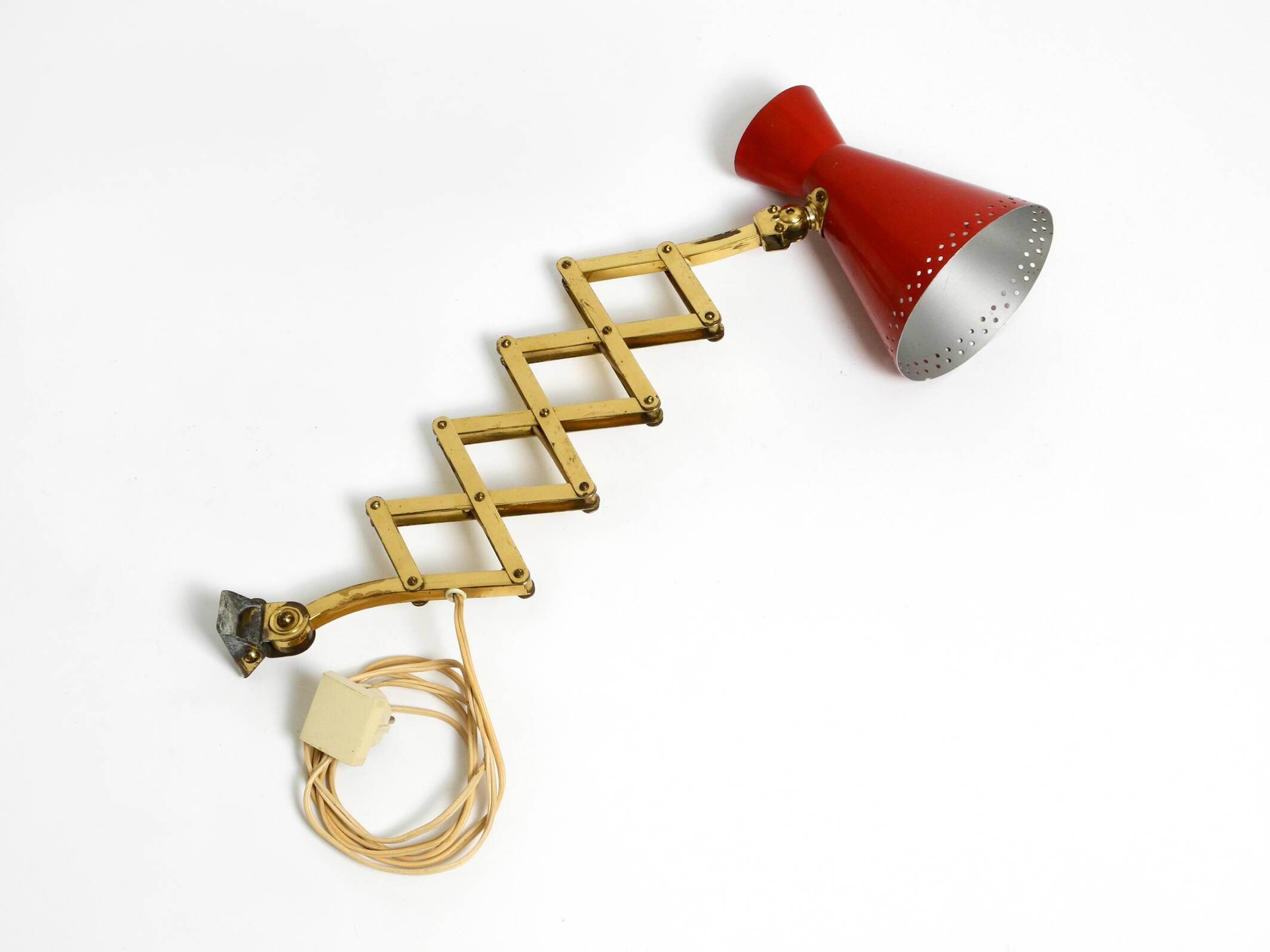 1950s brass extendable scissor wall lamp with aluminum diabolo shade in red