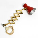 1950s brass extendable scissor wall lamp with aluminum diabolo shade in red