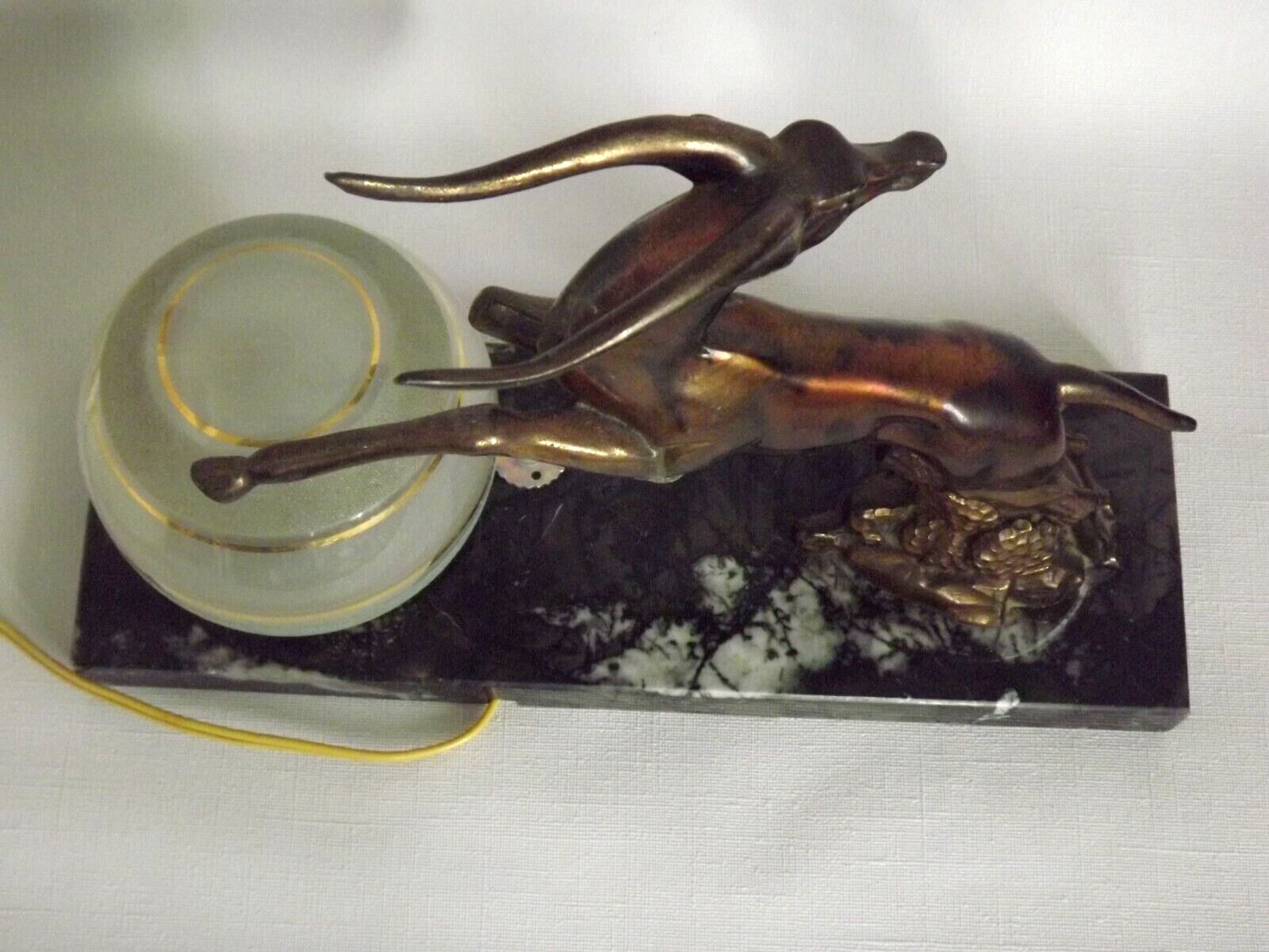 Vintage french art deco gazelle lamp black marble base round glass shade 3956