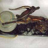 Vintage french art deco gazelle lamp black marble base round glass shade 3956
