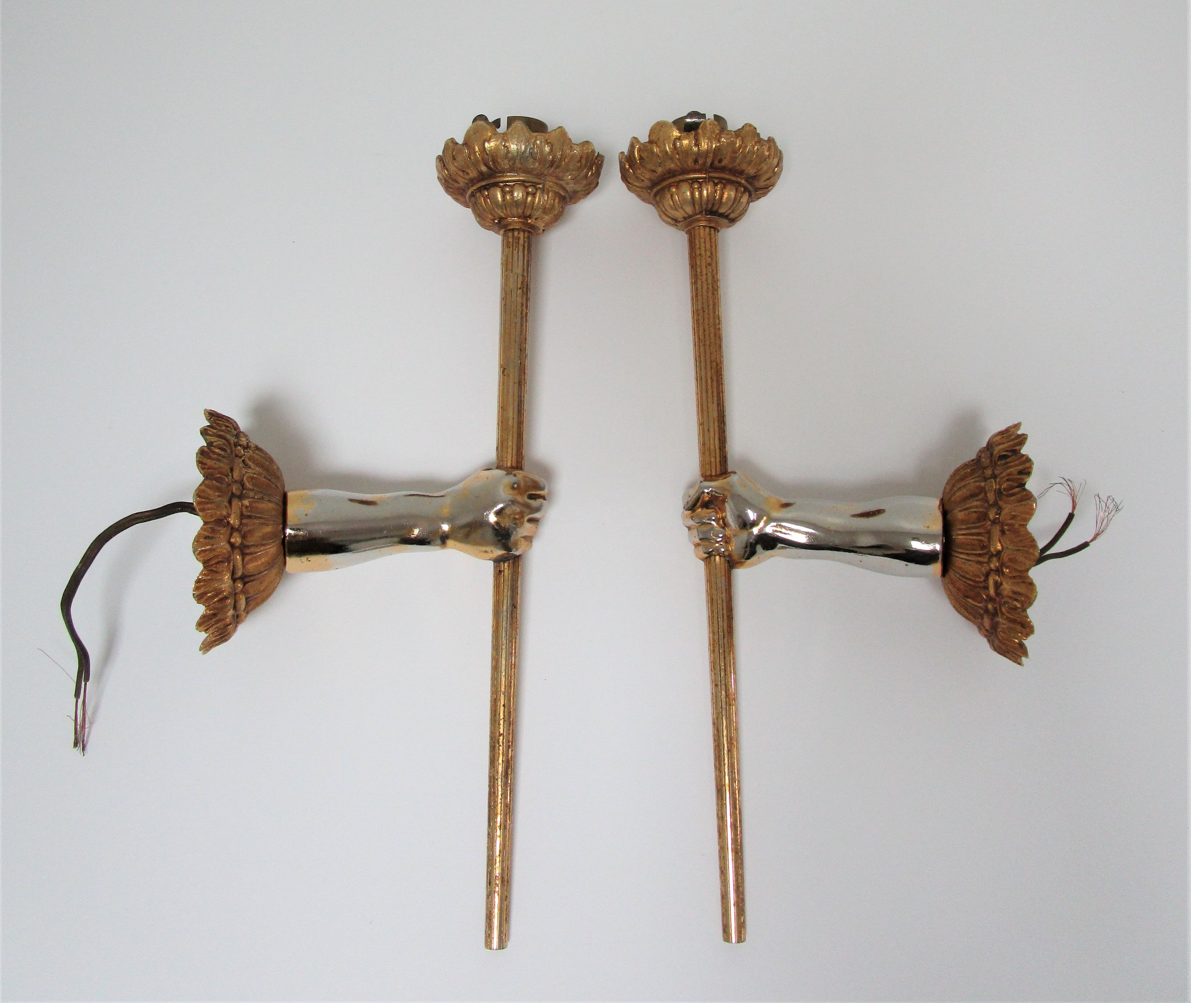 Pair of vintage patinated golden metal hand sconces