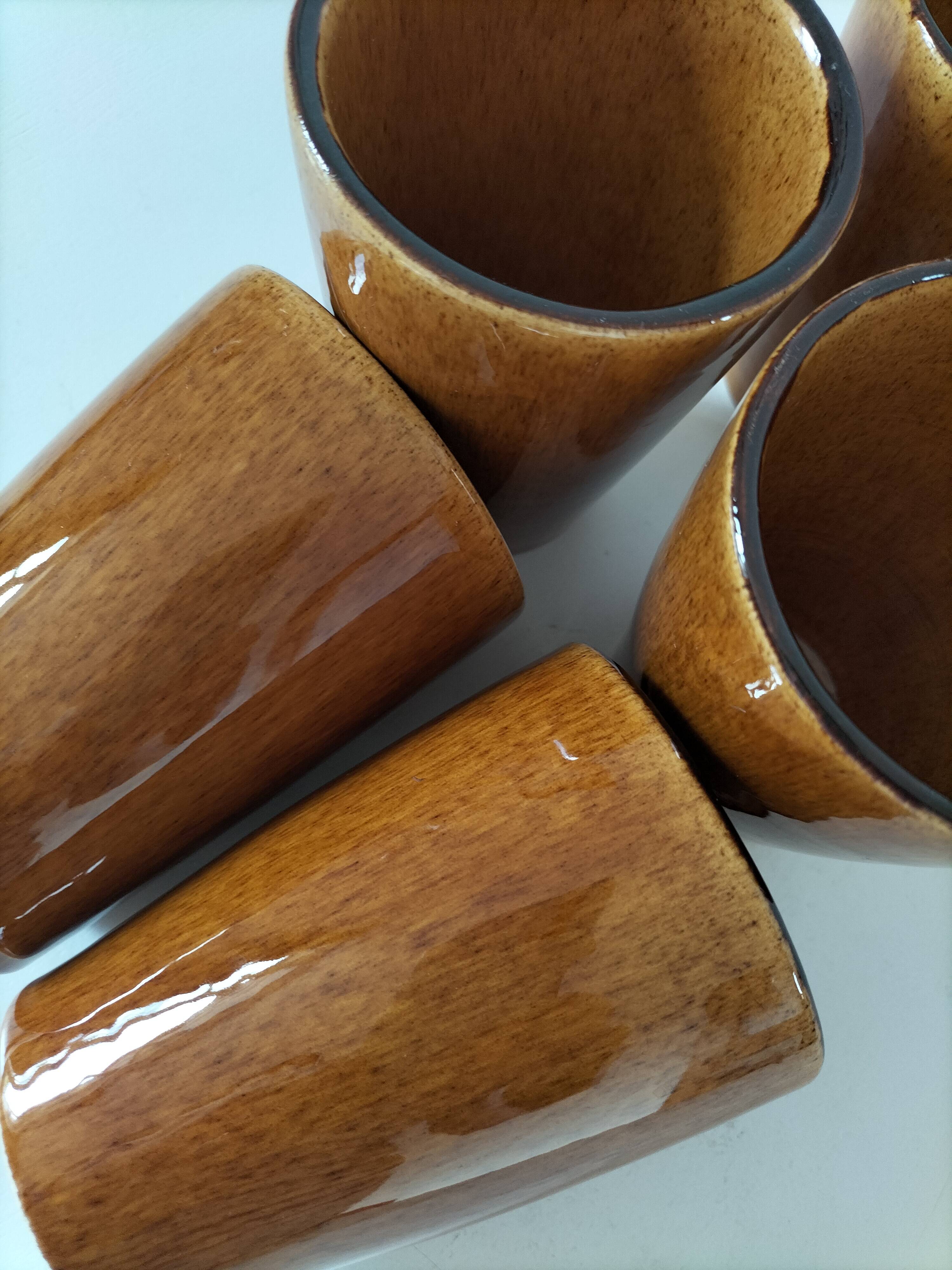 5 vintage caramel glazed stoneware cups, 70s crafts