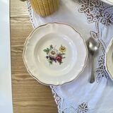 Set of 6 antique Badonviller earthenware soup plates with flowers and gilding