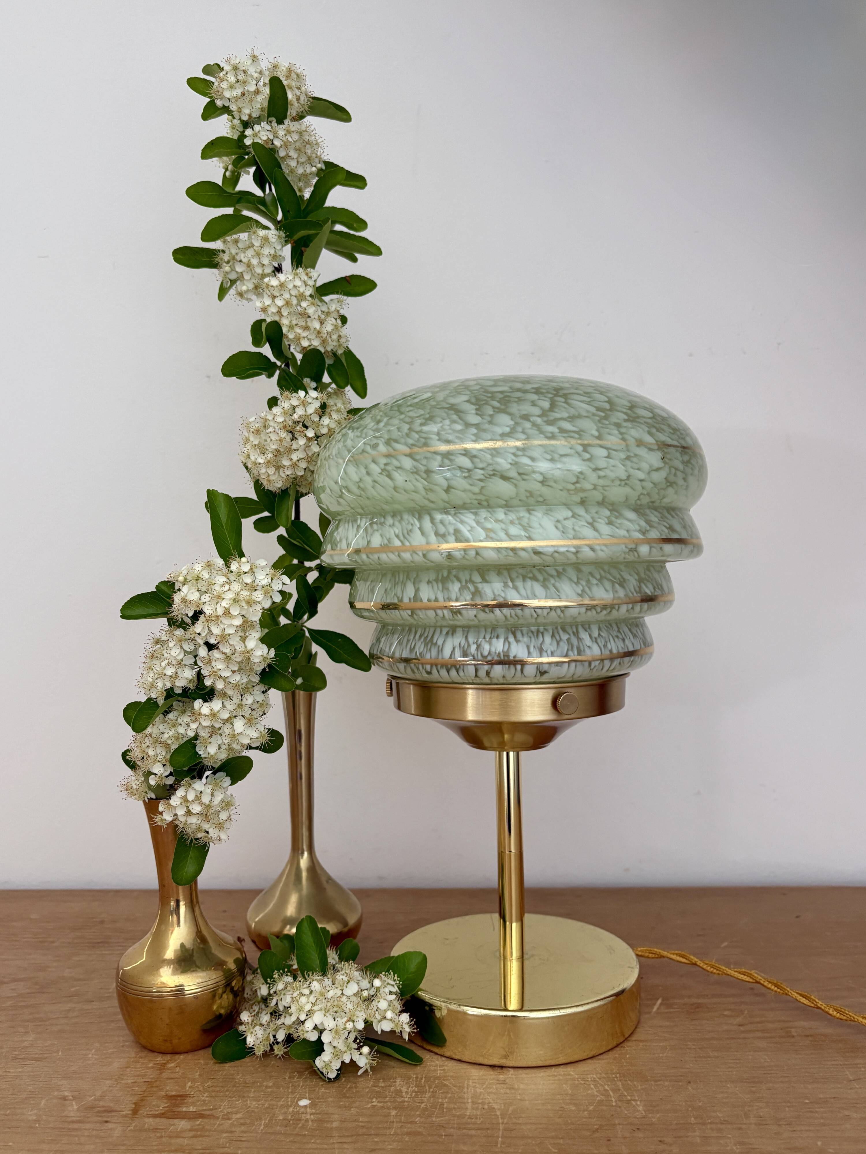 Vintage art deco globe table lamp in green and gold Clichy glass