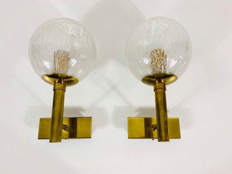 Pair of wall lamps in brass and glass Hillebrand, Germany 1960