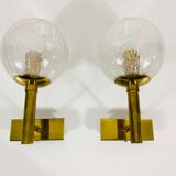 Pair of wall lamps in brass and glass Hillebrand, Germany 1960