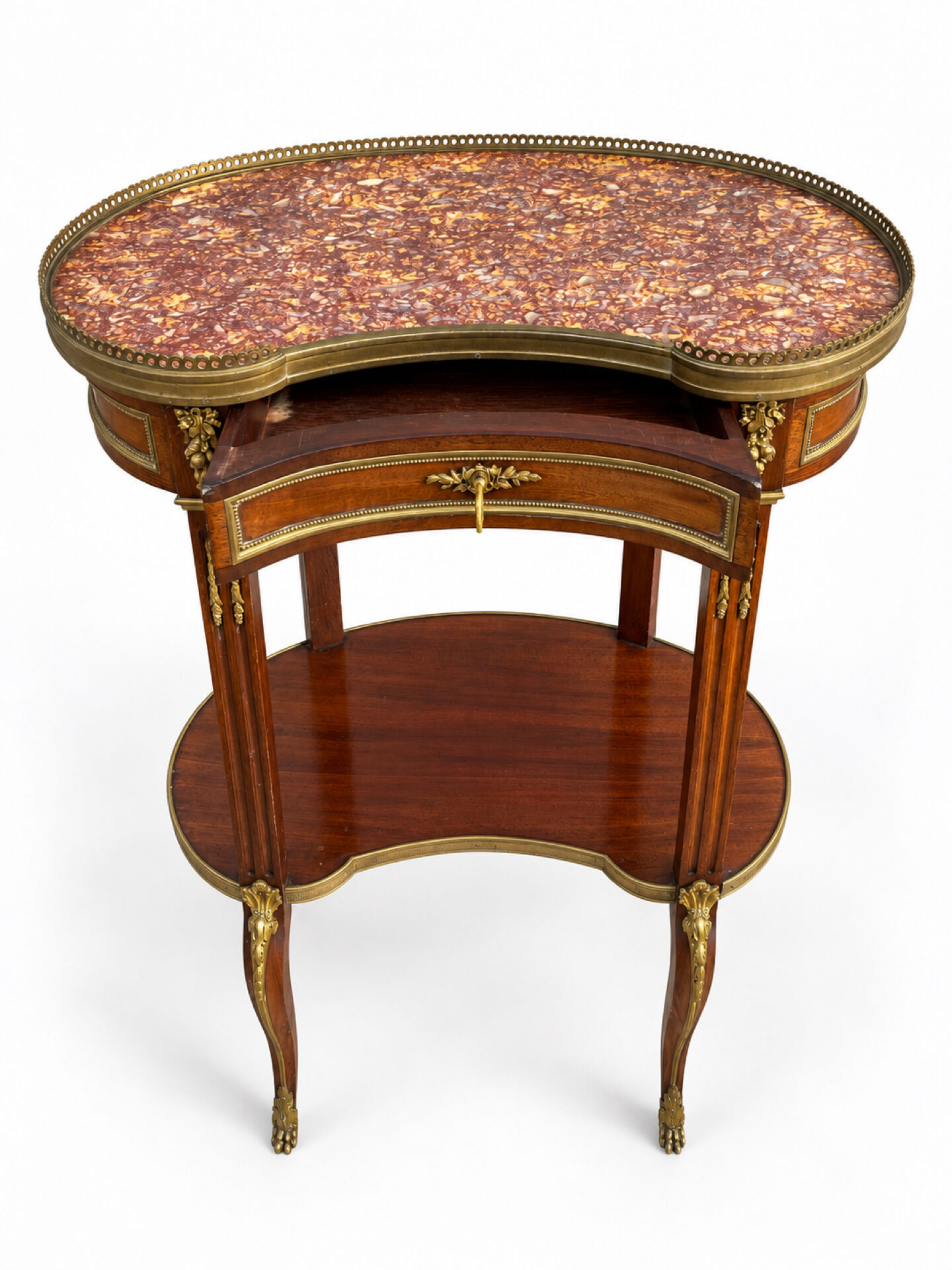 Kidney table in mahogany, brocatelle marble, Louis XV Transition, 19th century.