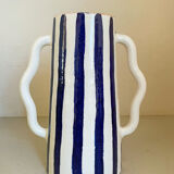 Klein blue and white striped ceramic vase with abstract handmade wavy handles