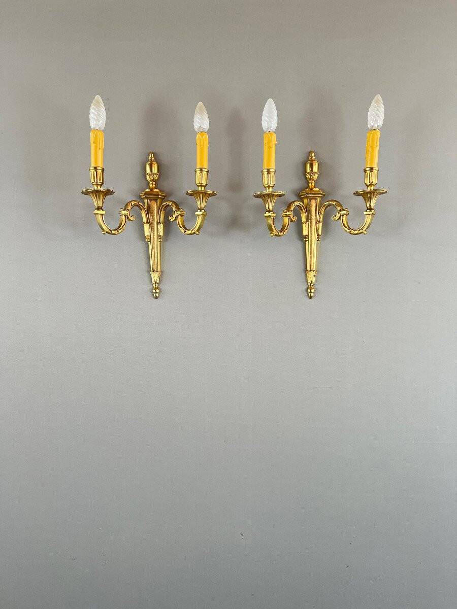Pair of Gilt Bronze Wall Sconces, Louis XVI Style, 20th Century
