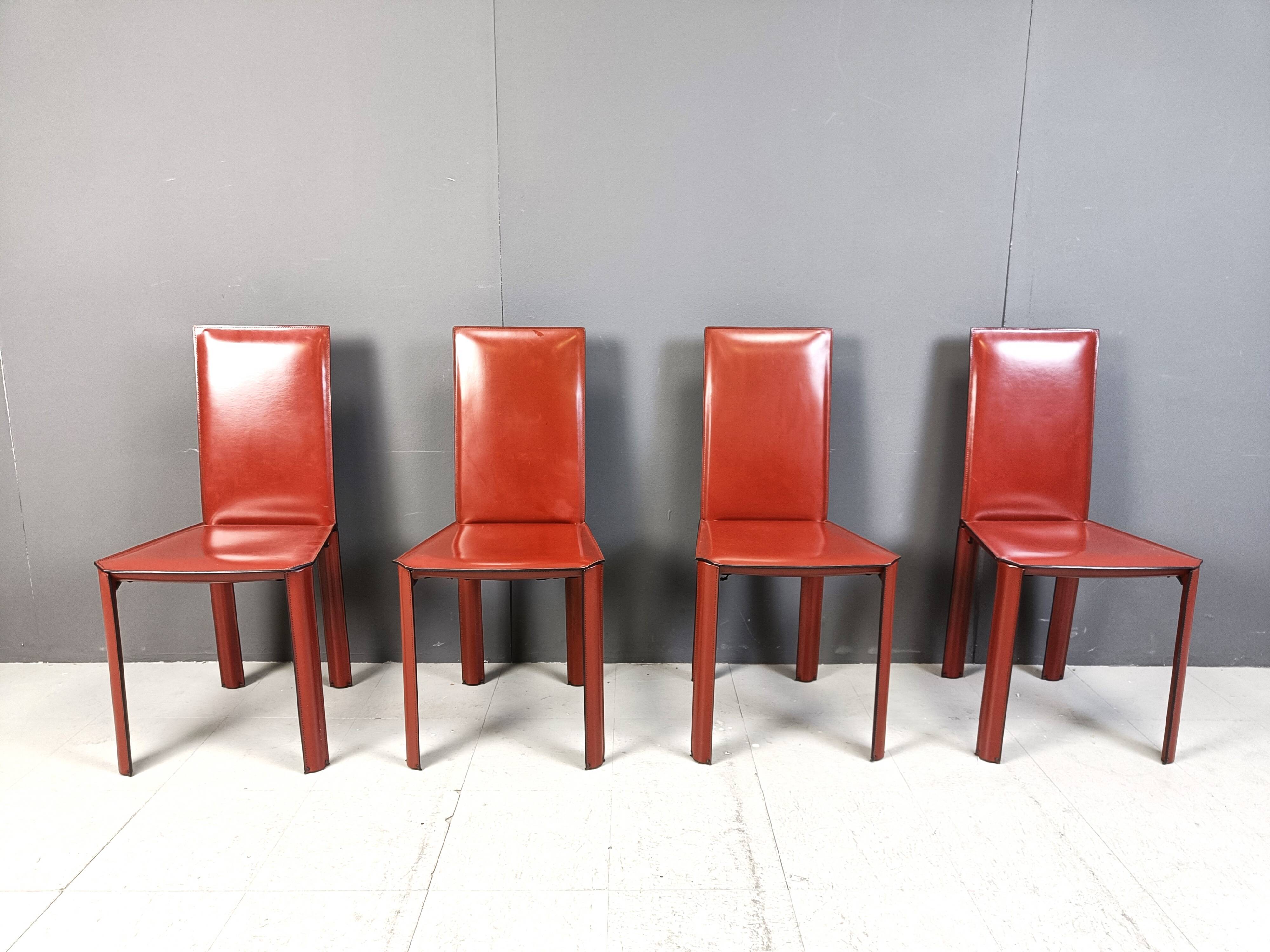 Red leather dining chairs by De Couro Brazil, 1980s - set of 4