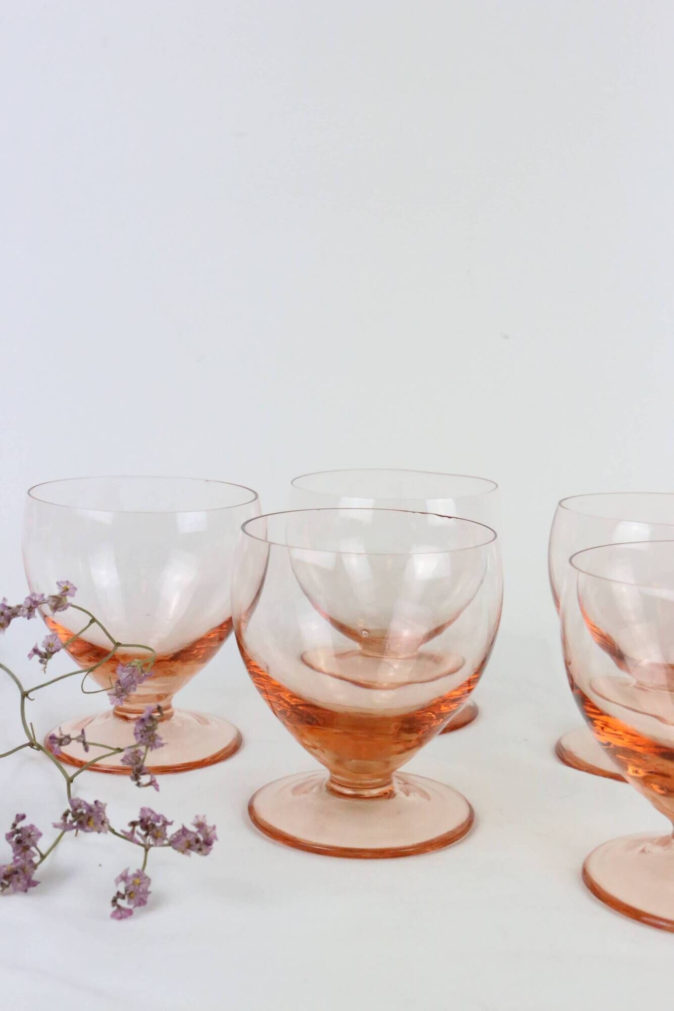 Set of 6 walking glasses in pink crystal, vintage, 1950, mid century