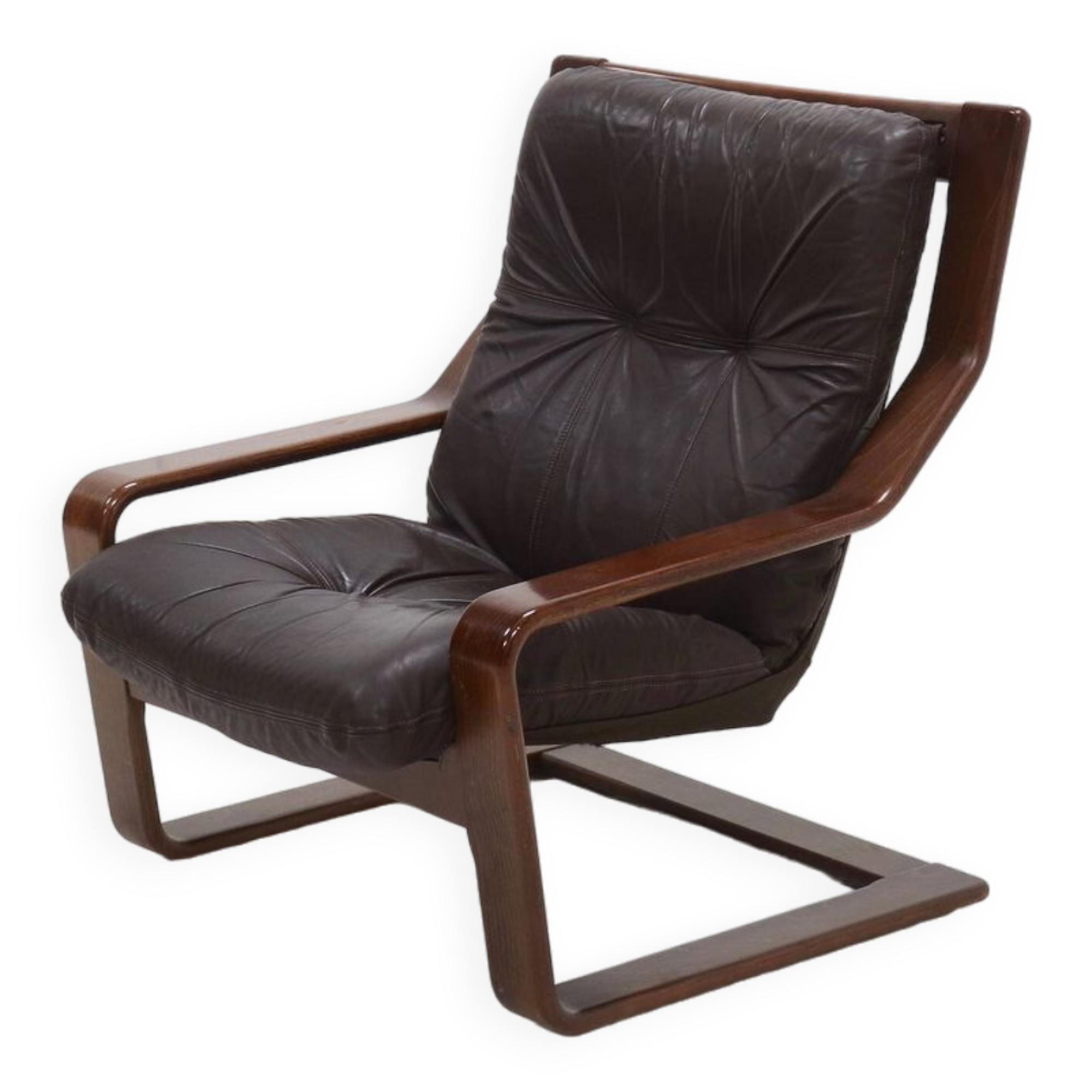 Fauteuil lounge scandinave en bois courbé et cuir 1960