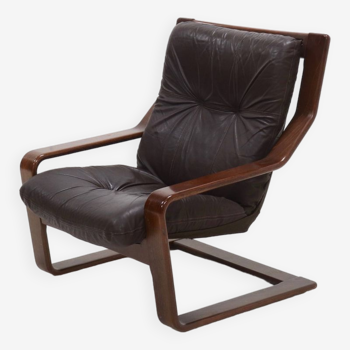 Fauteuil lounge scandinave en bois courbé et cuir 1960