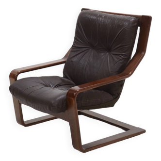 Fauteuil lounge scandinave en bois courbé et cuir 1960