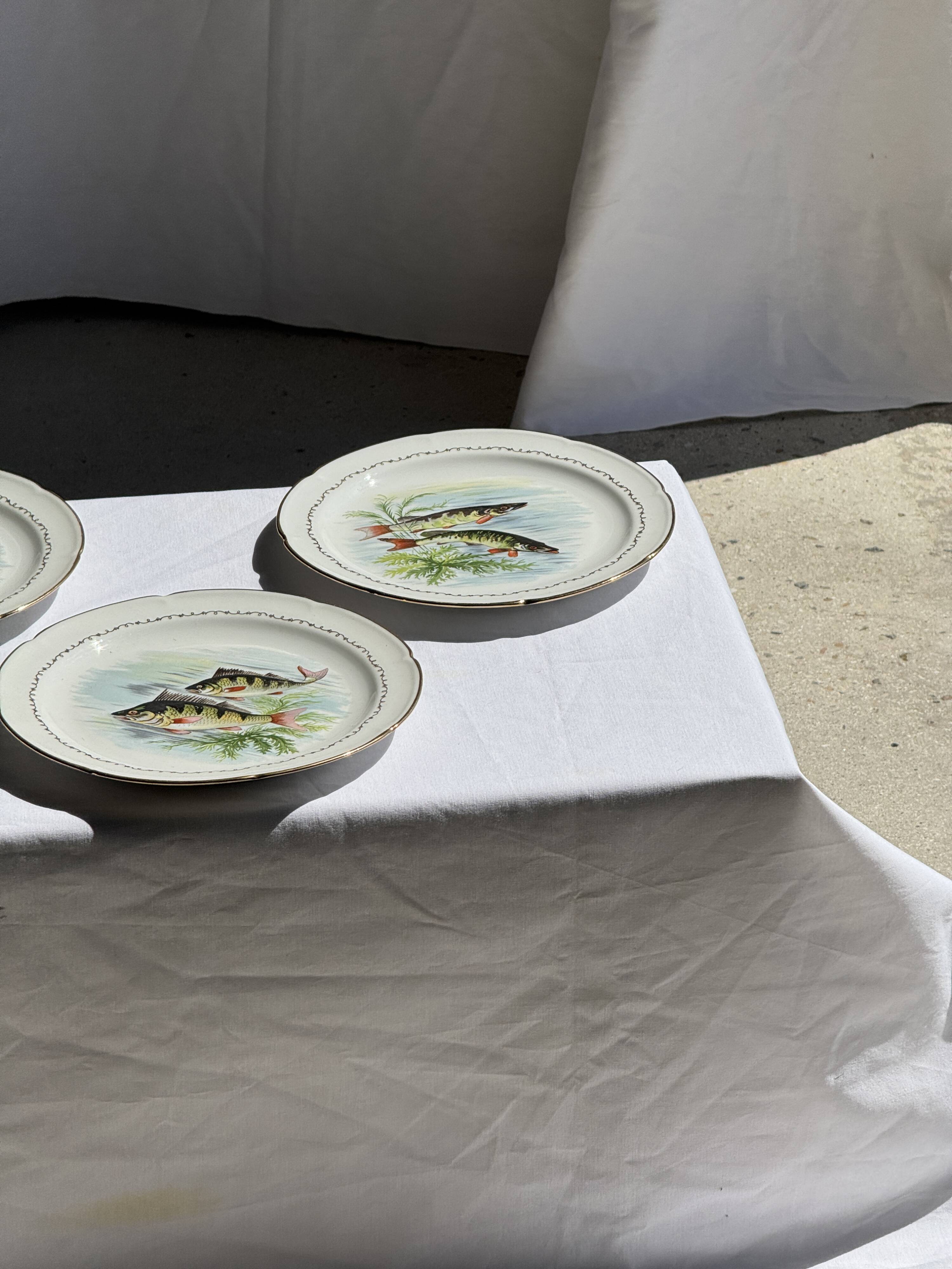 Set of 6 vintage Limoges porcelain plates with fish design.