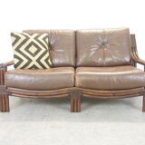 Mid century vintage boho 2-seater sofa with leather cushions
