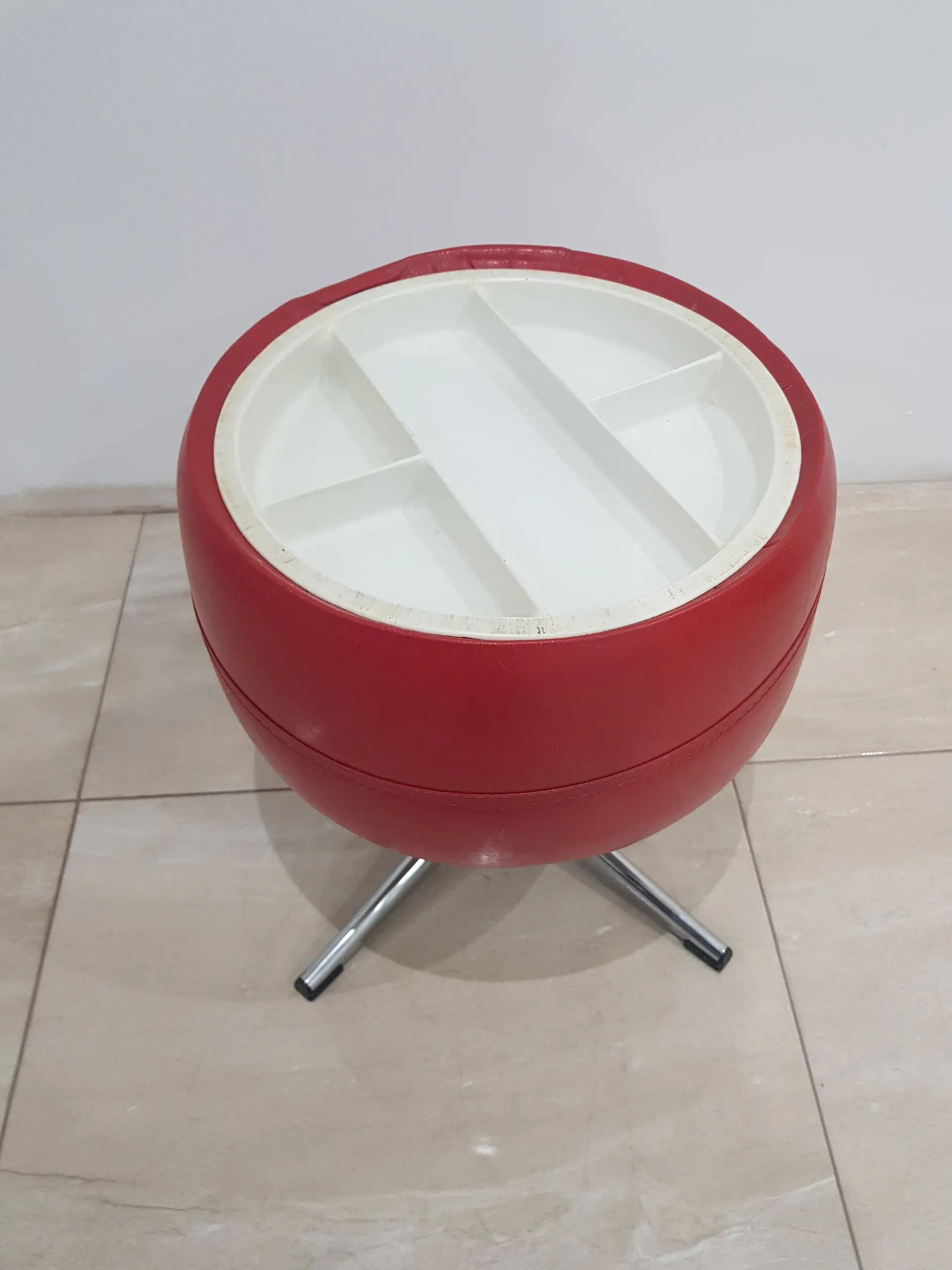 Pouf with storage function, red vinyl, chrome, Germany, 1960s