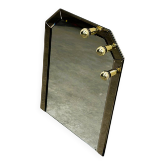 Vintage German brass & smoked mirror with architectural faceted top, 1980s.