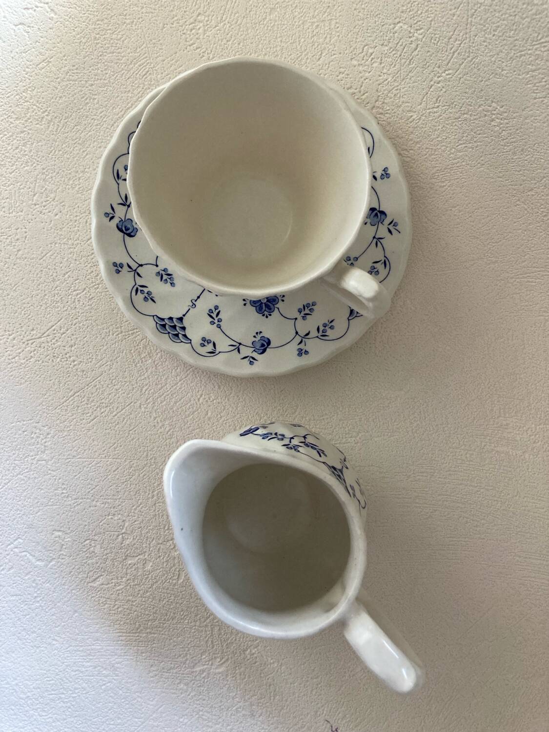 Myott Meakin England Blue Cup Saucer and Milk Jug