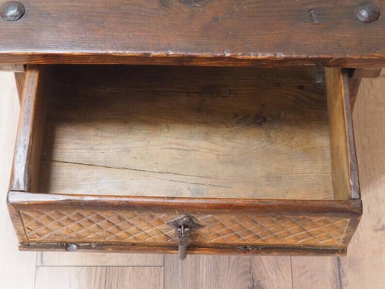 Mid-Century Coffee Table Carved Drawer, Rustic Nailhead Details
