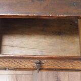 Mid-Century Coffee Table Carved Drawer, Rustic Nailhead Details