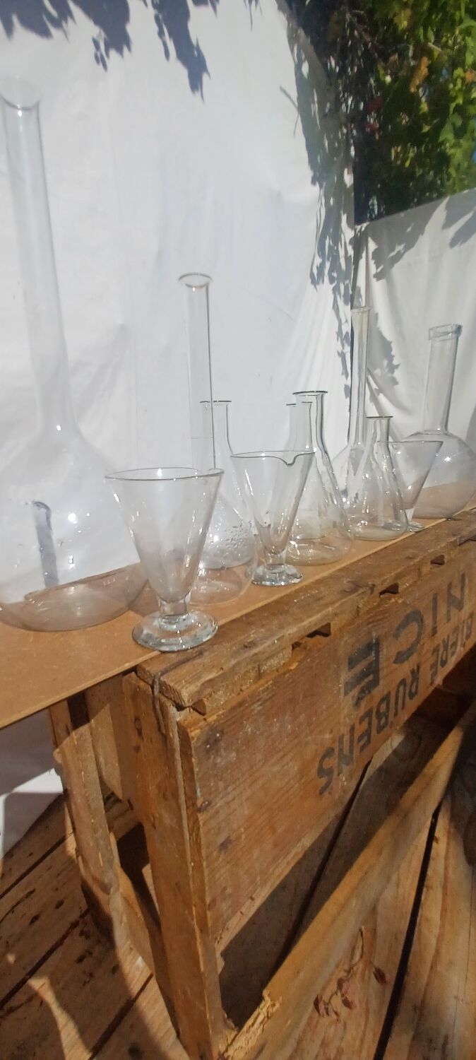 Lot of old soliflore vases chemistry laboratory equipment