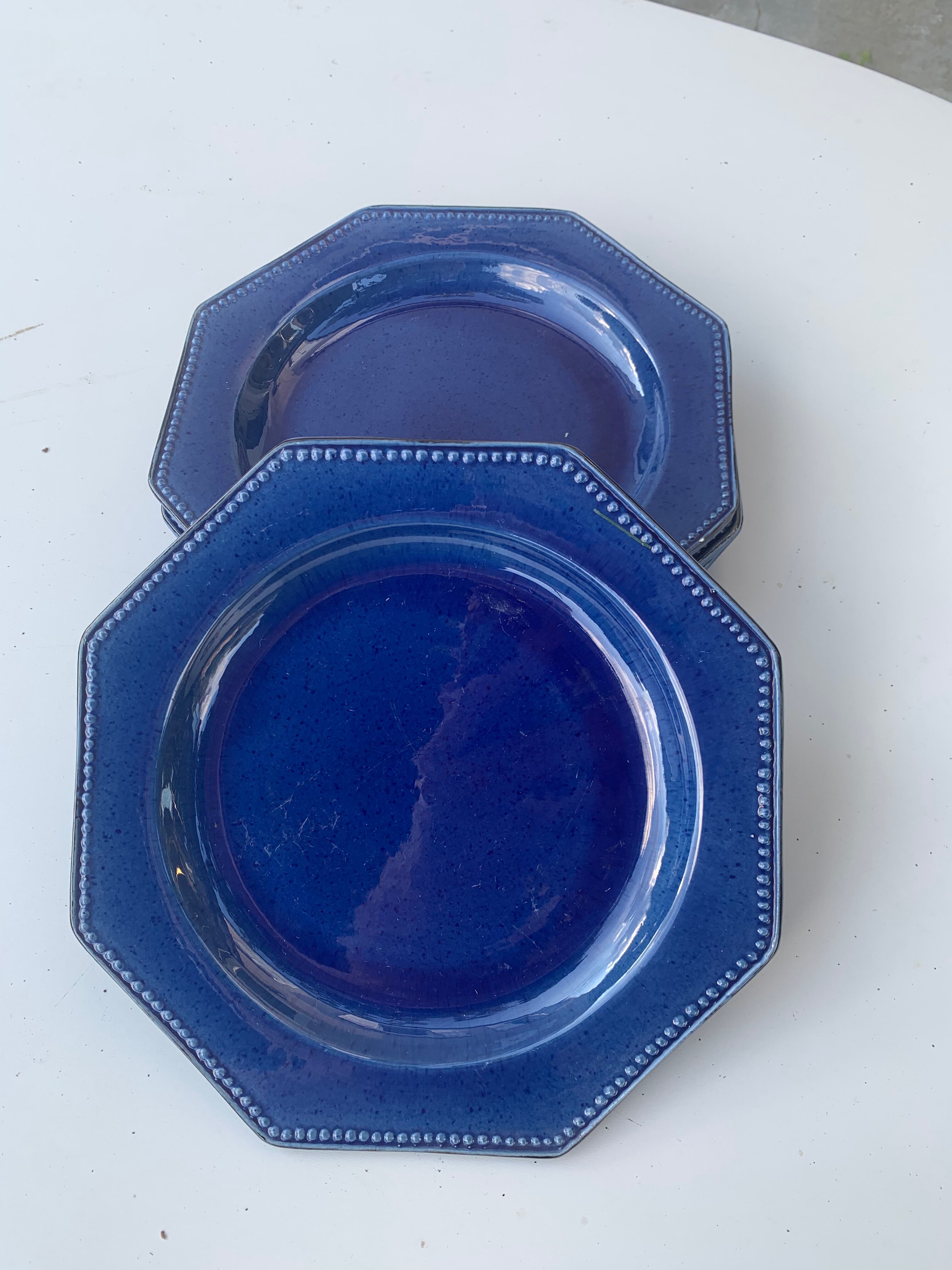 4 octagonal flat plates terre de Provence blue ceramic glazed vintage