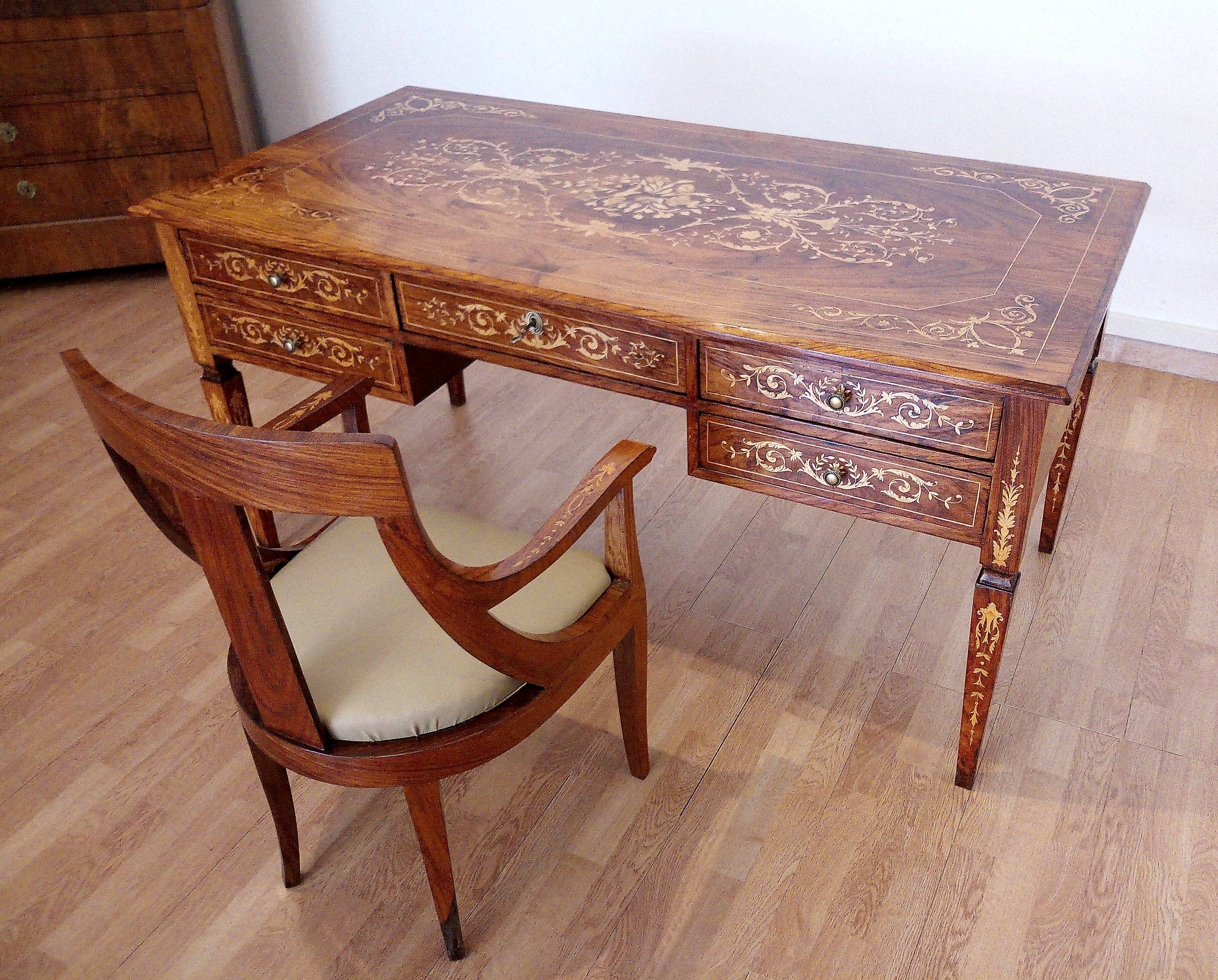 Louis XVI style italian bank desk and bench, 1920s