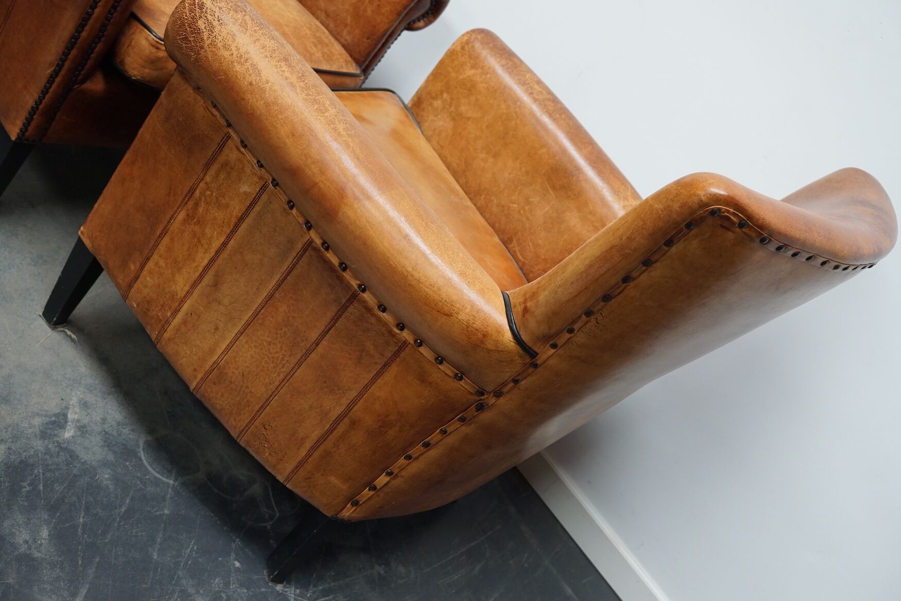 Fauteuil club en cuir vintage hollandais de couleur cognac, ensemble de 2