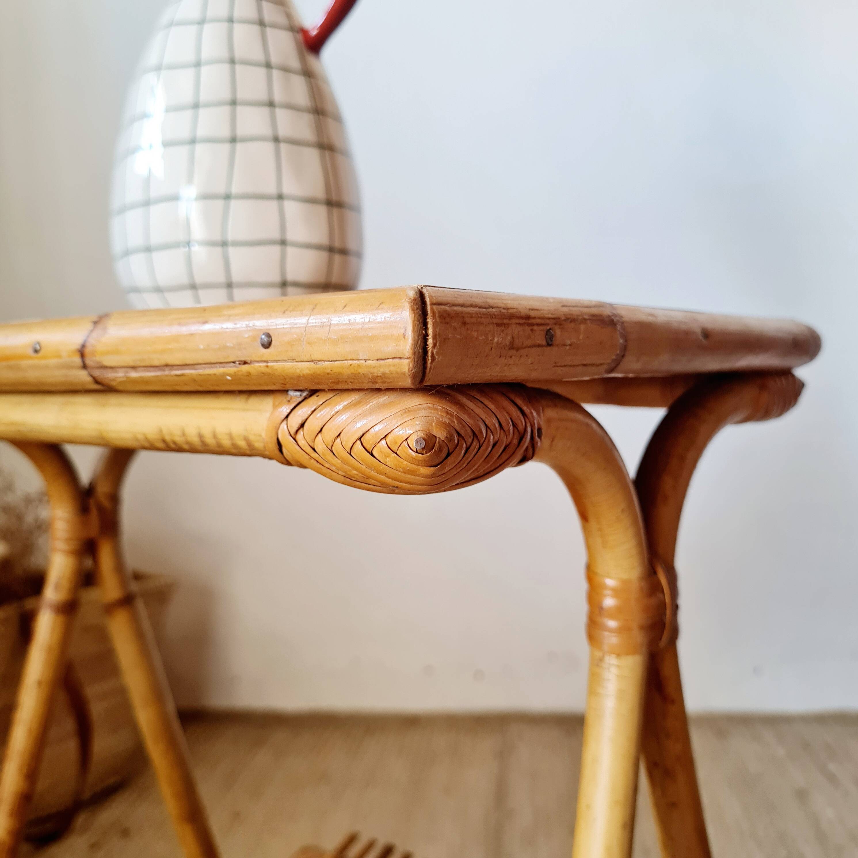 Vintage rattan and bamboo side table – 1960s Riviera style -
