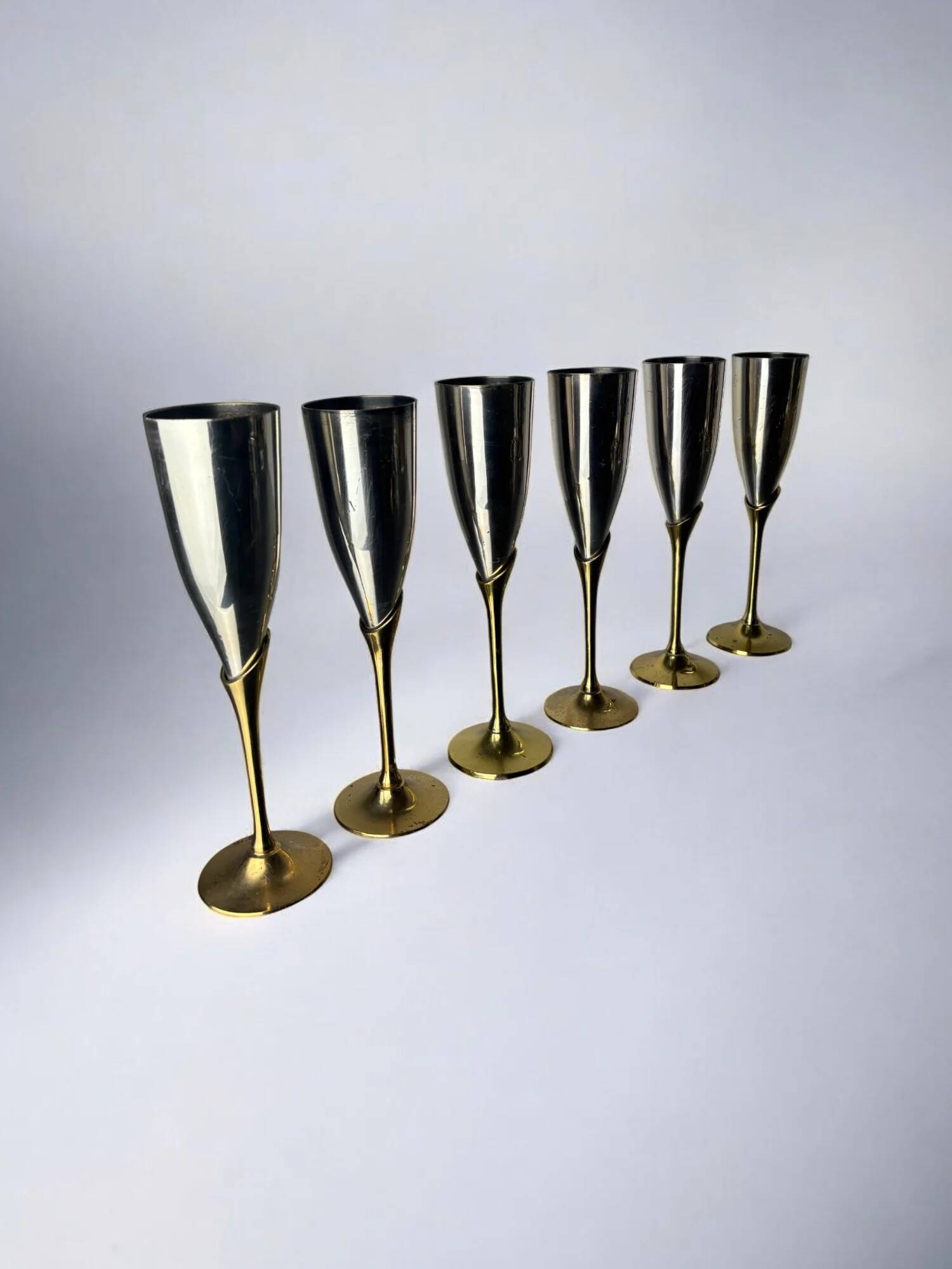 Brutalist champagne glasses in brass & silver plated, set of 6, Spain, 1970s