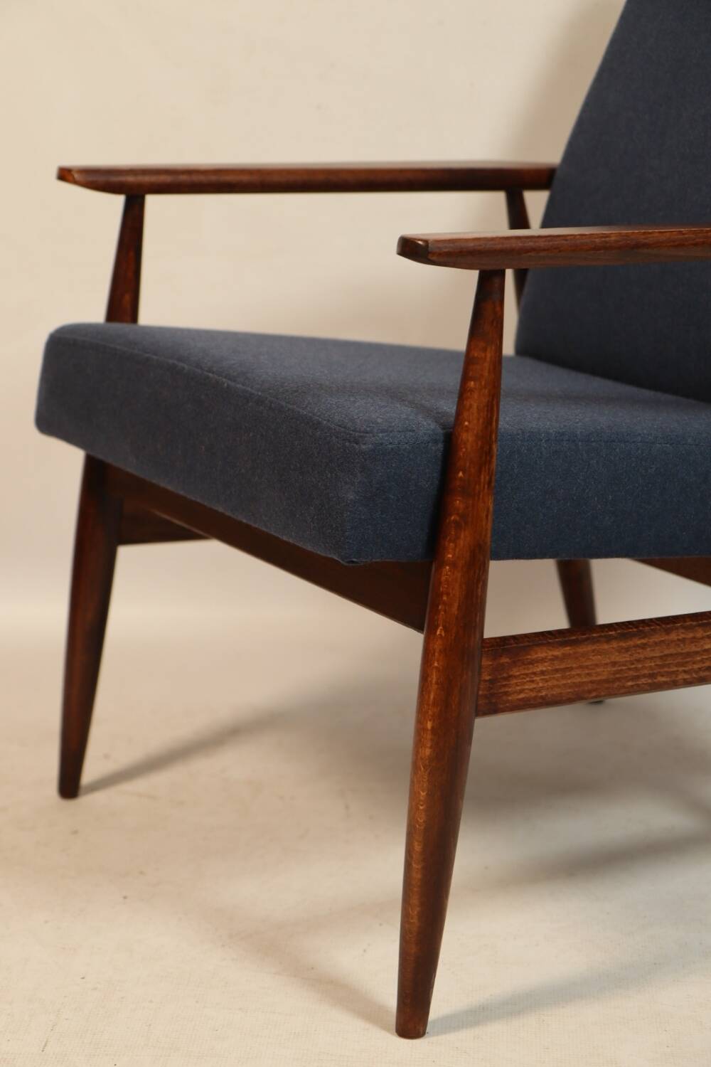 Scandinavian armchair navy blue natural wool dark brown wood design by H.Lis